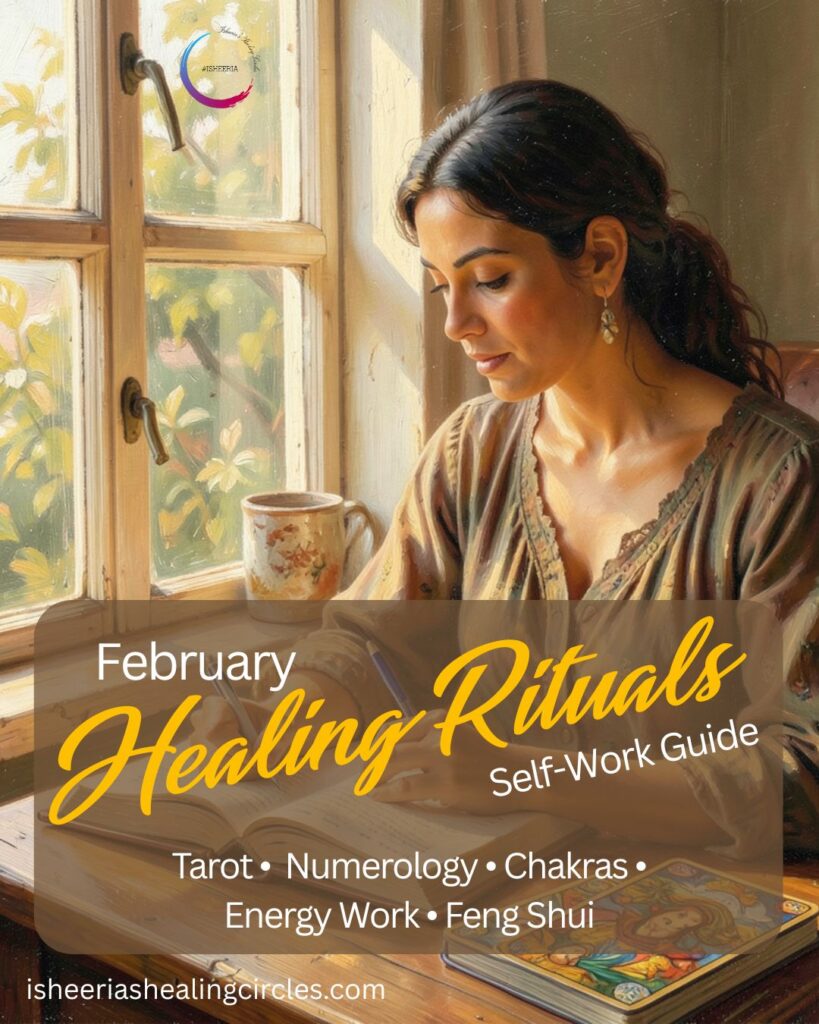 Gentle self-work and healing practices for February using tarot, chakra healing, oracle cards and energy work practices